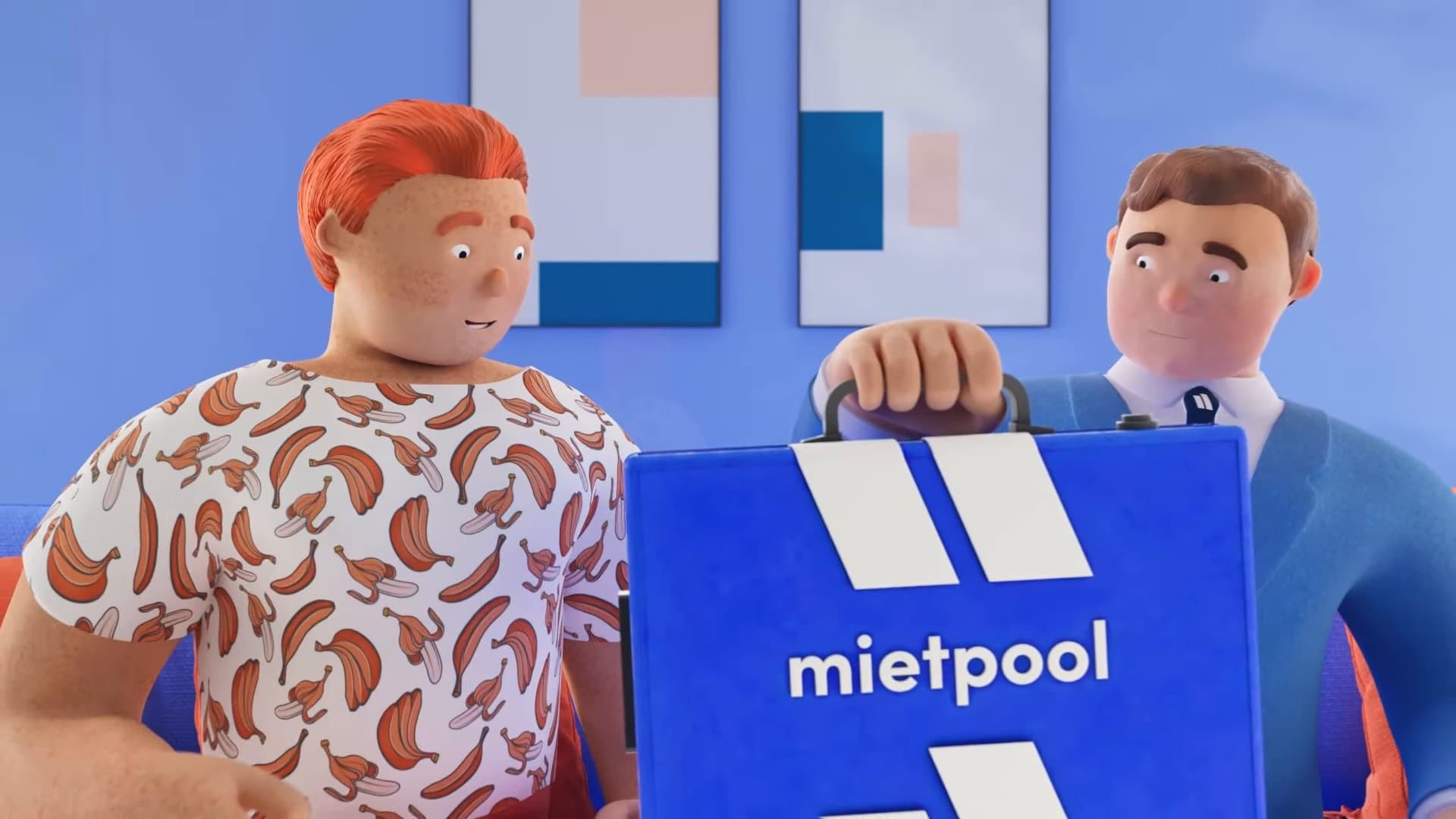 Standbild aus dem Animationsfilm Vision Mietpool: zwei Figuren mit einem blauen Koffer, auf dem mietpool steht