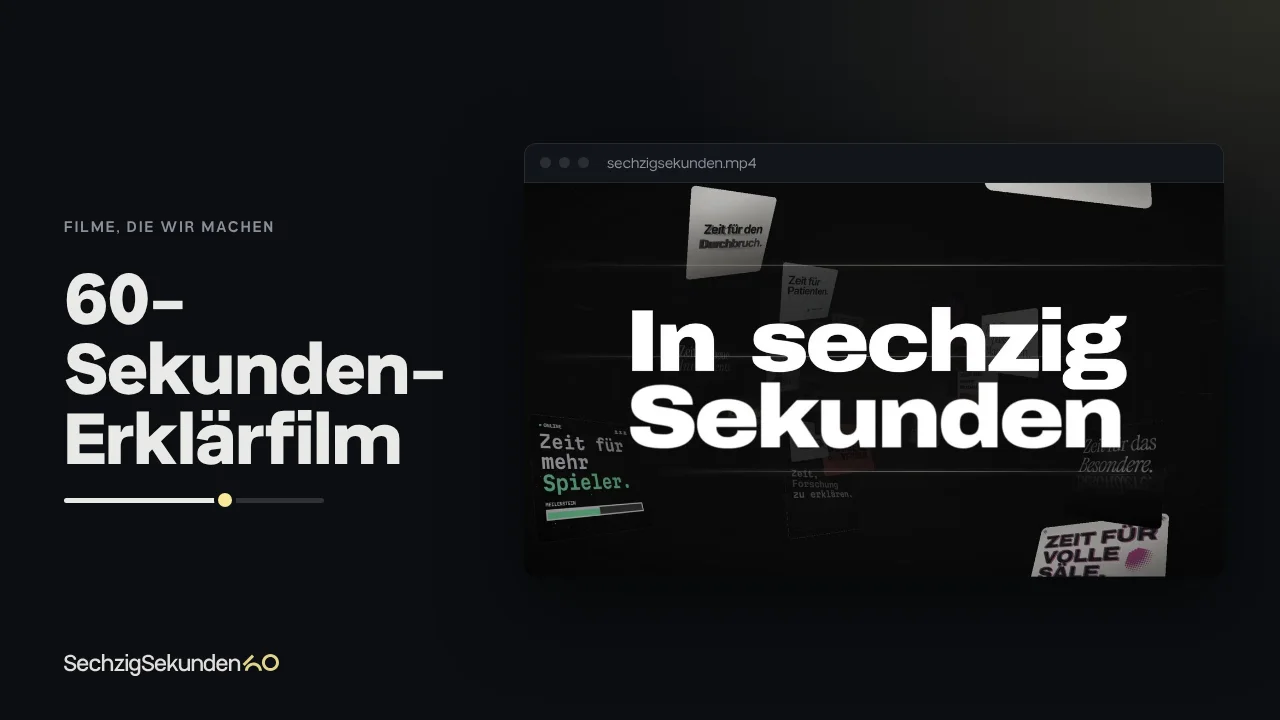 Kopfbild: Szene „Lösung“ aus unserem eigenen Film mit dem Schriftzug „In sechzig Sekunden“ im Fenster, daneben der Titel „60-Sekunden-Erklärfilm“.