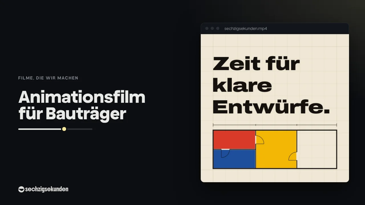 Kopfbild: Bild aus unserer Stil-Bibliothek „Bauhaus“ im Fenster, daneben der Titel „Animationsfilm für Bauträger“.