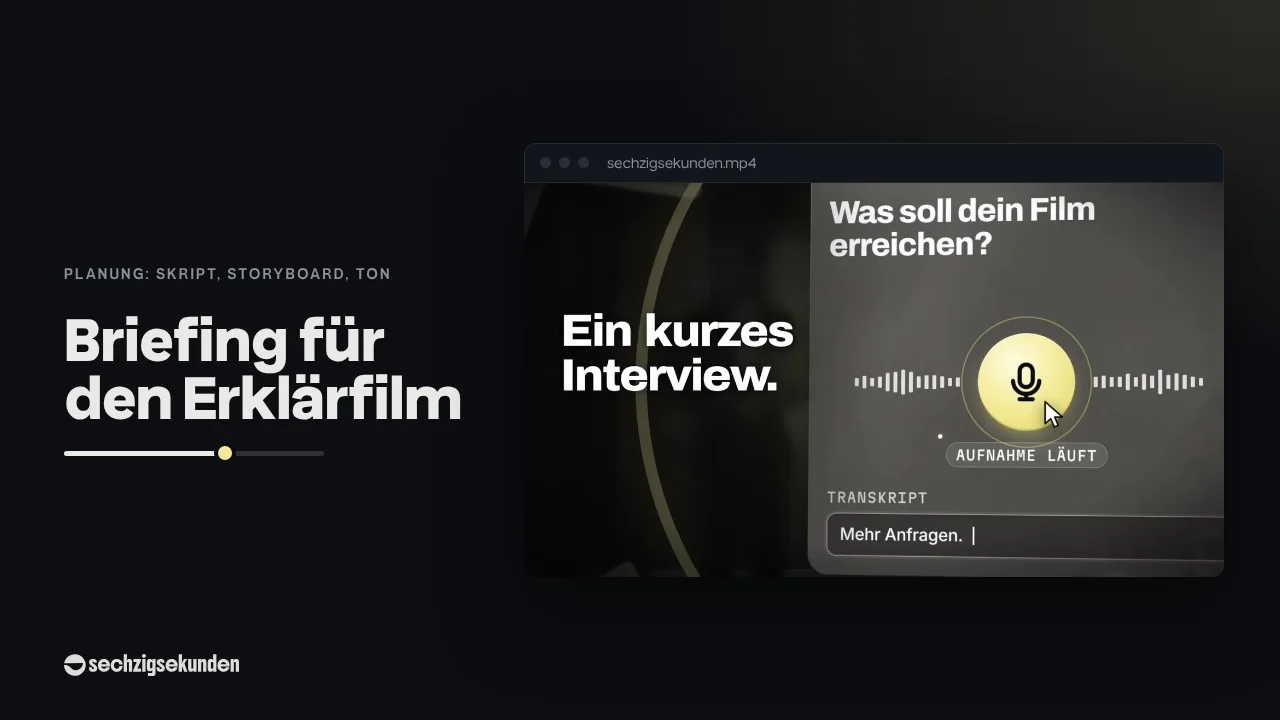 Kopfbild: Szene „Interview“ aus unserem eigenen Film im Fenster, daneben der Titel „Briefing für den Erklärfilm“.