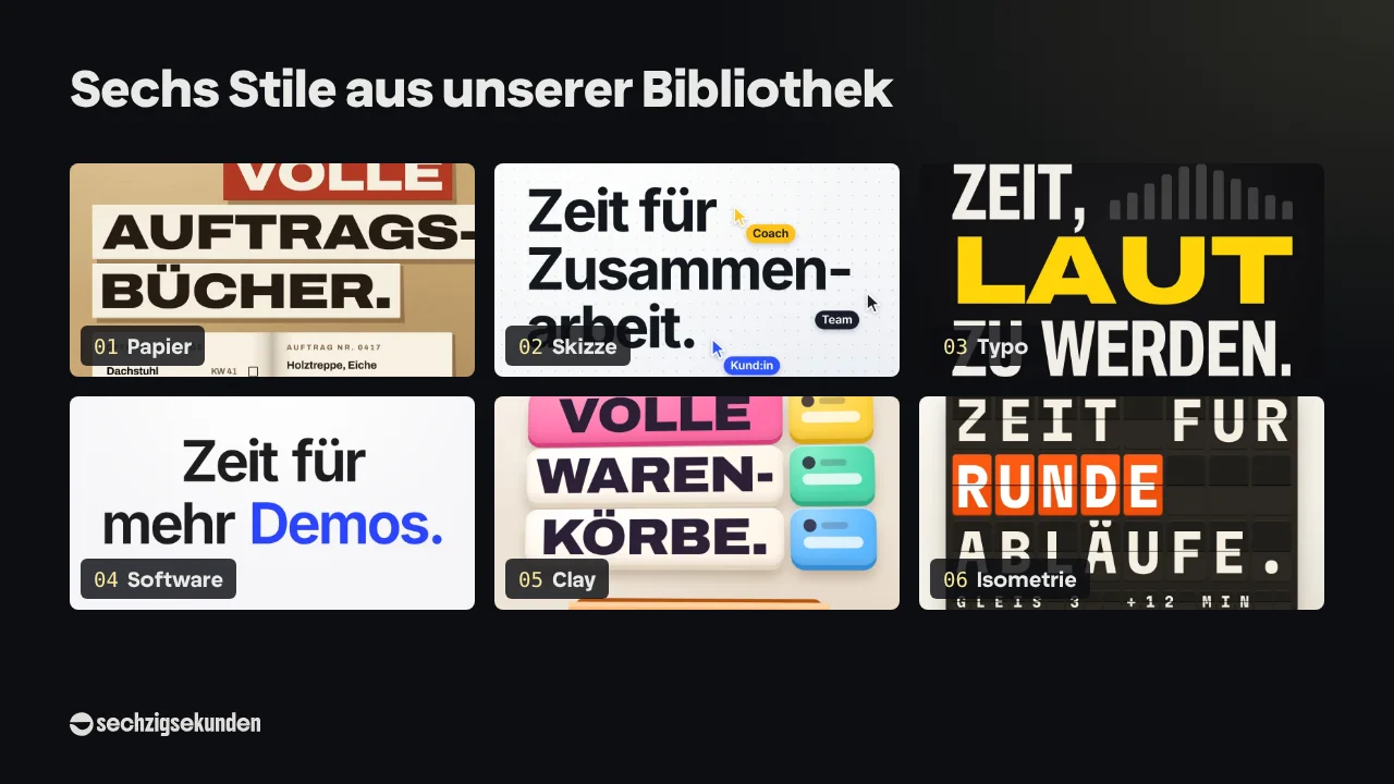 Sechs Stile aus unserer Bibliothek als Bildraster: Papier, Skizze, Typo, Software, Clay und Isometrie.