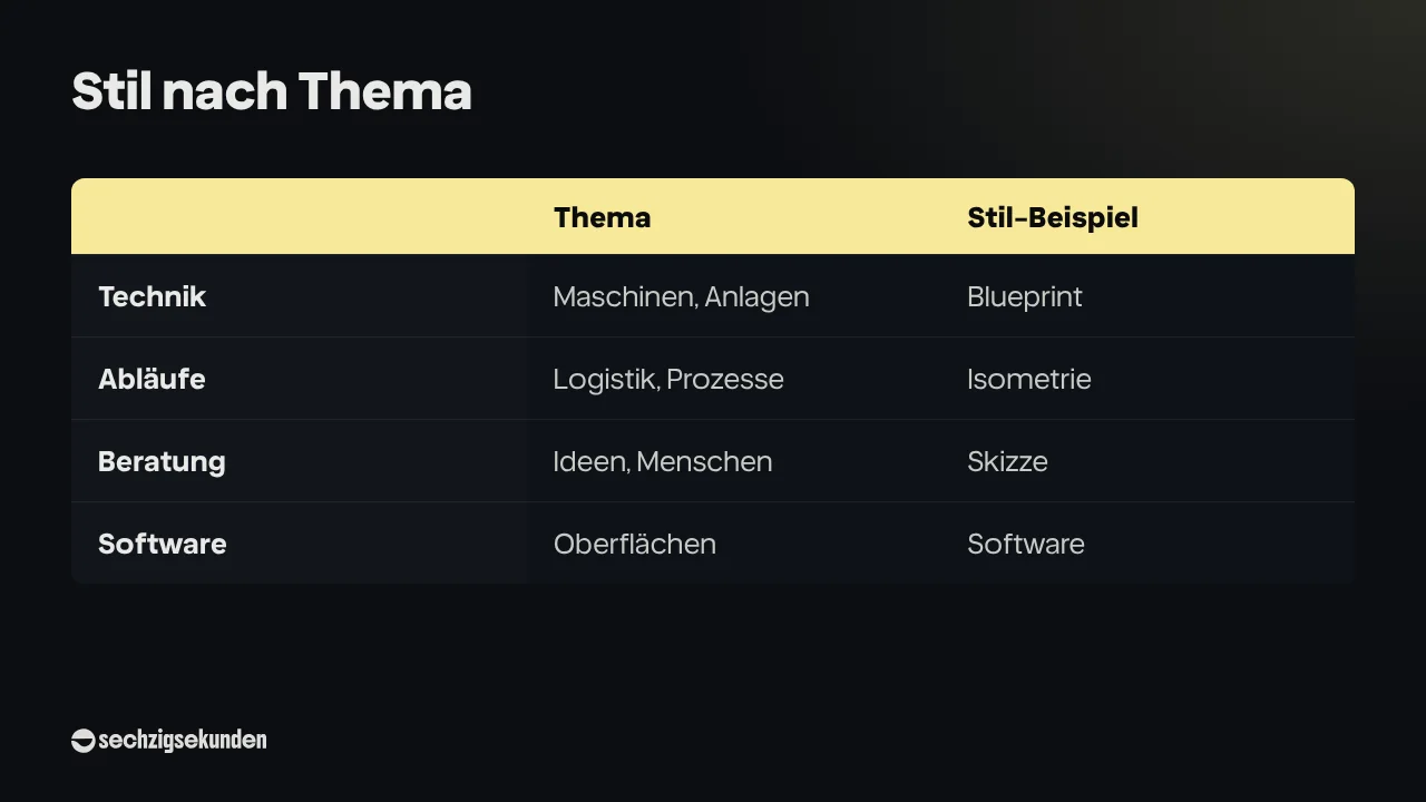 Stil nach Thema als Vergleich: Technik mit Maschinen und Anlagen passt zu Blueprint, Abläufe mit Logistik und Prozessen zu Isometrie, Beratung mit Ideen und Menschen zu Skizze, Software mit Oberflächen zu Software.
