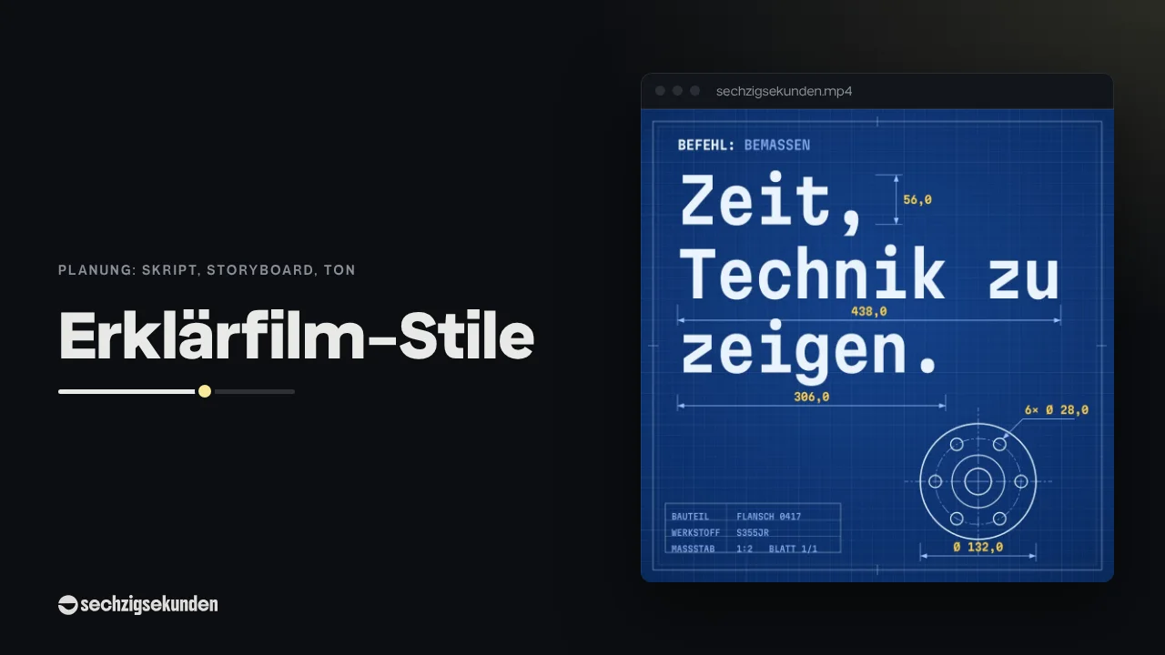 Kopfbild: Blueprint-Szene aus unserer Stil-Bibliothek im Fenster, daneben der Titel „Erklärfilm-Stile“.