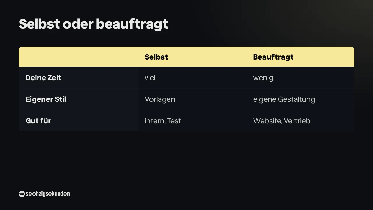 Grafik „Selbst oder beauftragt“: Vergleich bei deiner Zeit (viel, wenig), eigenem Stil (Vorlagen, eigene Gestaltung) und Eignung (intern und Test, Website und Vertrieb).