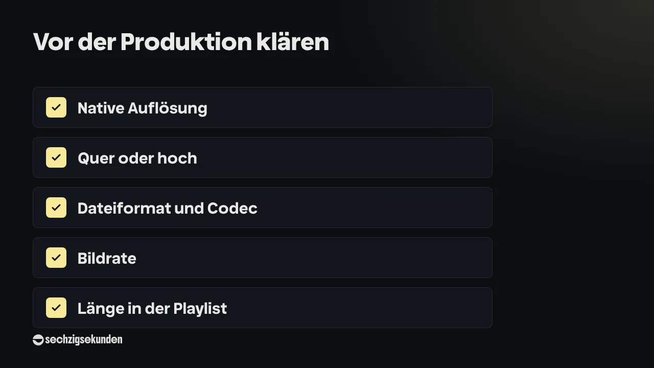 Checkliste „Vor der Produktion klären“: Native Auflösung, Quer oder hoch, Dateiformat und Codec, Bildrate, Länge in der Playlist.