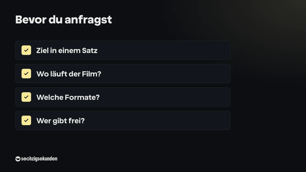 Checkliste „Bevor du anfragst“: Ziel in einem Satz, Wo läuft der Film?, Welche Formate?, Wer gibt frei?