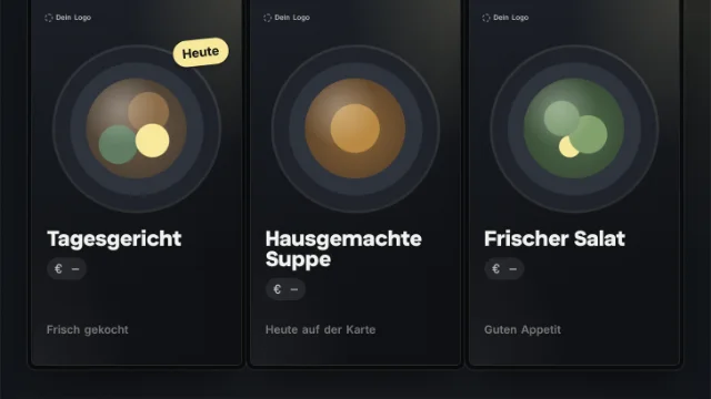 Drei Hochformat-Screens über einer Theke: Gerichte wechseln im Takt, die Preise bleiben Platzhalter.
