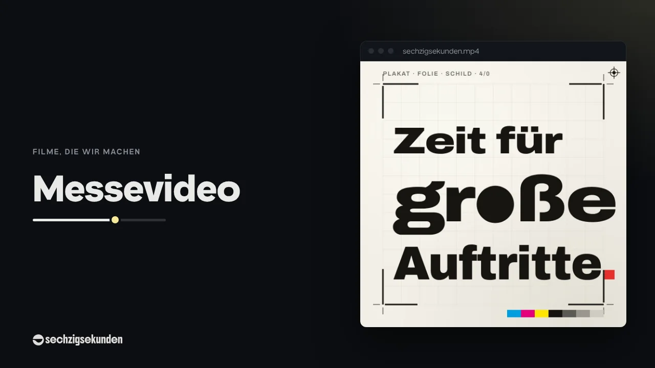 Kopfbild: Bild aus unserer Stil-Bibliothek „Rahmenbruch“ im Fenster, daneben der Titel „Messevideo“.