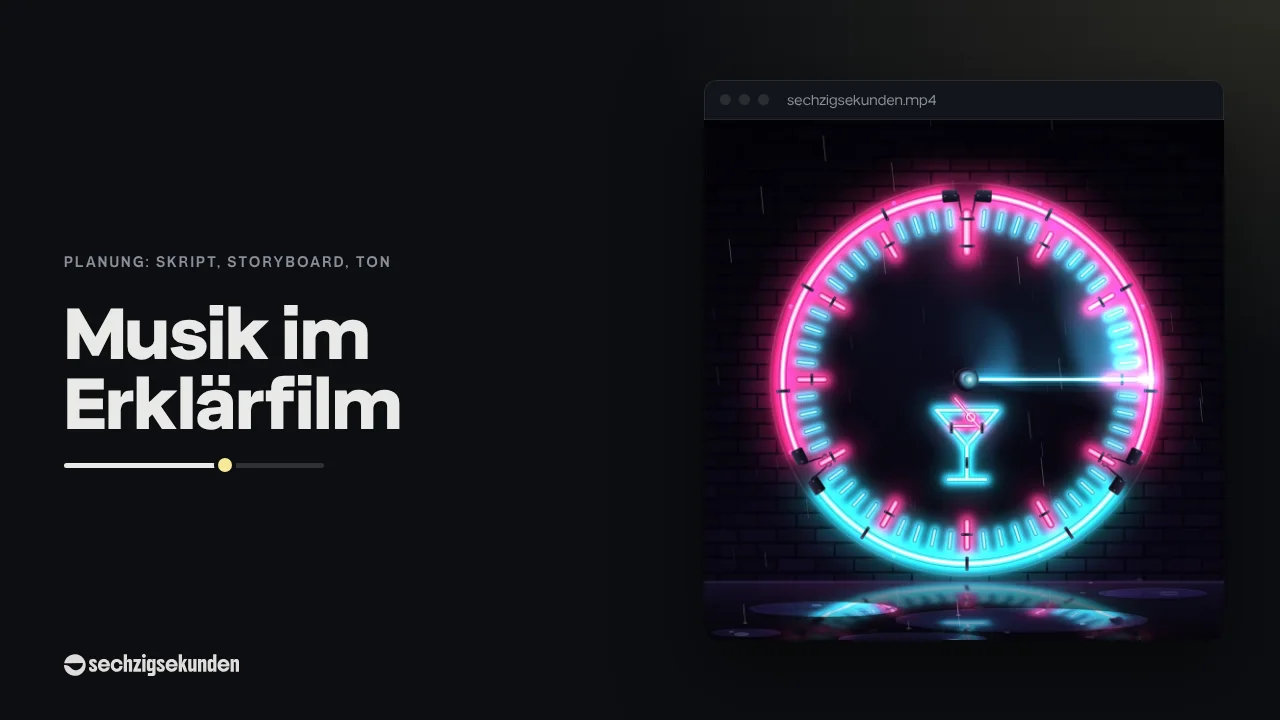 Kopfbild: Neon-Night-Szene aus unserer Stil-Bibliothek im Fenster, daneben der Titel „Musik im Erklärfilm“.