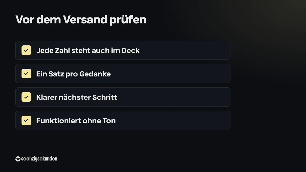 Checkliste „Vor dem Versand prüfen“: Jede Zahl steht auch im Deck; Ein Satz pro Gedanke; Klarer nächster Schritt; Funktioniert ohne Ton.