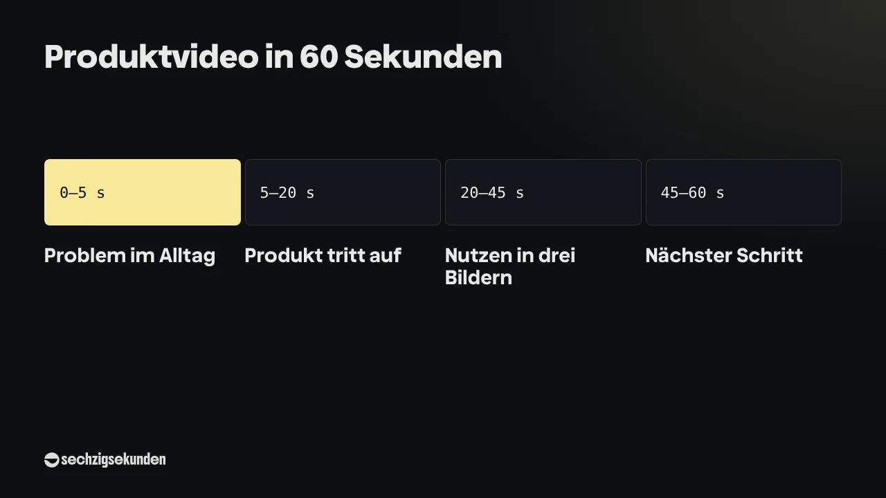 Zeitleiste „Produktvideo in 60 Sekunden“: 0–5 s Problem im Alltag; 5–20 s Produkt tritt auf; 20–45 s Nutzen in drei Bildern; 45–60 s Nächster Schritt.
