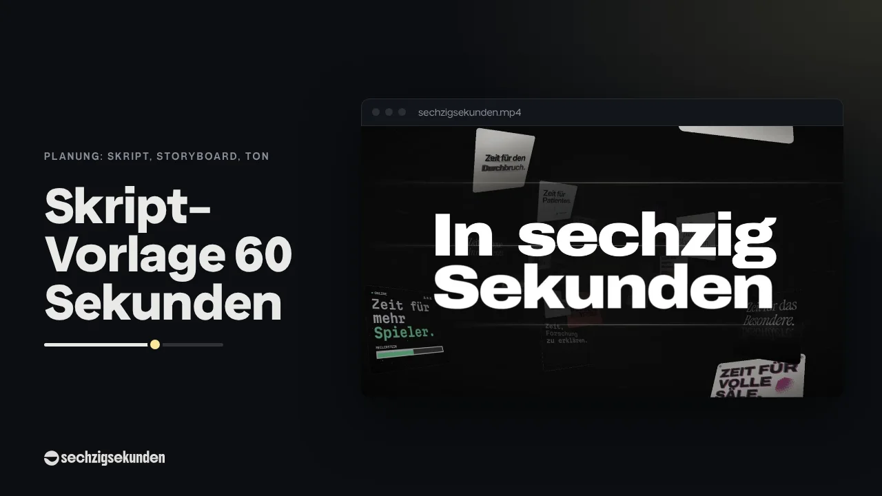 Kopfbild: Szene „Lösung“ aus unserem eigenen Film im Fenster, daneben der Titel „Skript-Vorlage 60 Sekunden“.