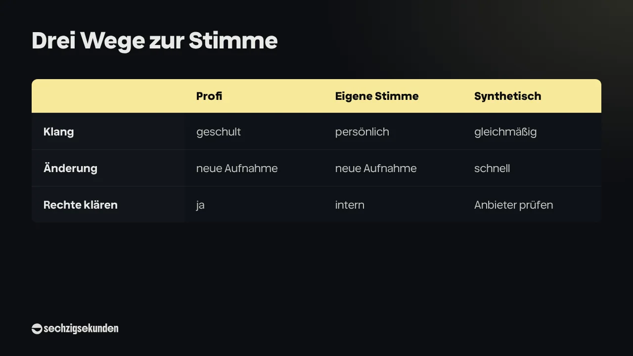 Drei Wege zur Stimme im Vergleich: Profi, Eigene Stimme und Synthetisch, bewertet nach Klang, Änderung und Rechte klären.
