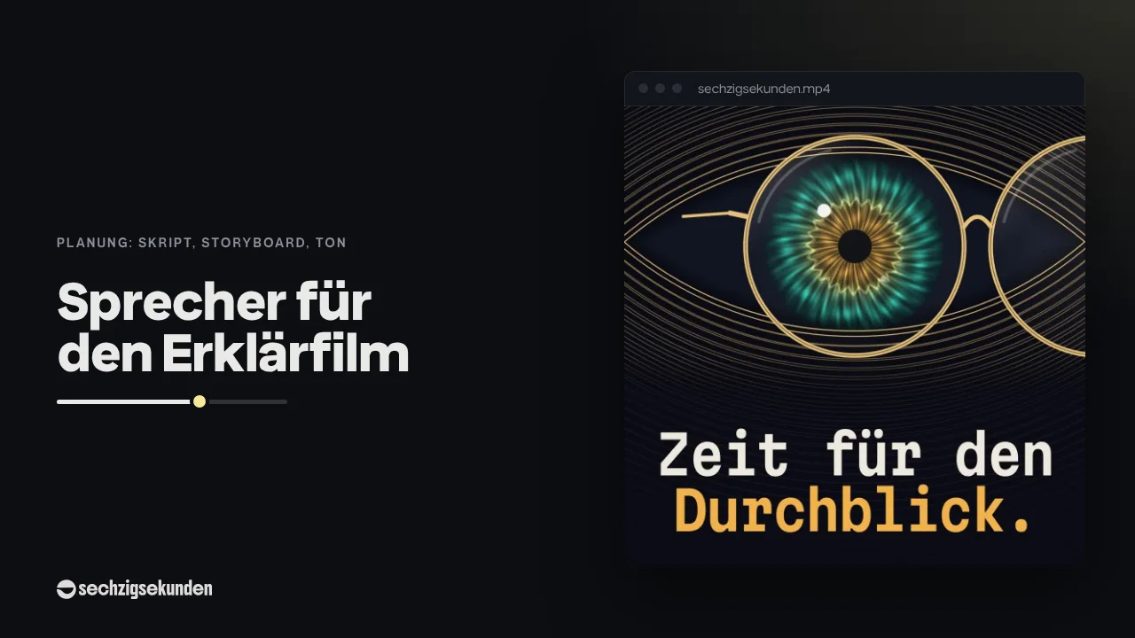 Kopfbild: Iris-Szene aus unserer Stil-Bibliothek im Fenster, daneben der Titel „Sprecher für den Erklärfilm“.