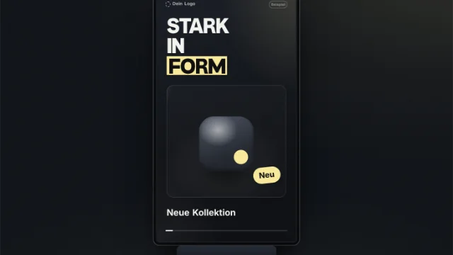 Digitale Stele im Hochformat: große Wörter laufen über die volle Höhe, darunter erscheint ein Produkt mit einem Lichtstreifen.