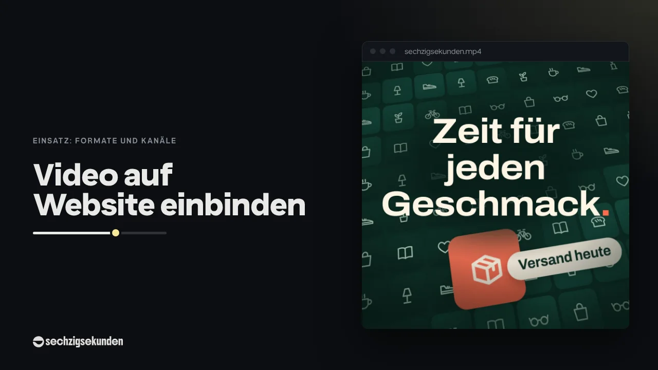 Kopfbild: Film im Stil Kachelwand aus der Branche Einzelhandel und Online-Shop im Fenster, daneben der Titel „Video auf Website einbinden“.