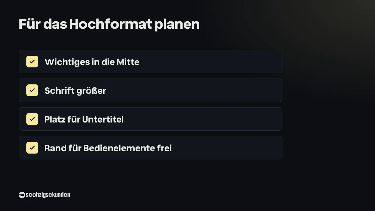 Checkliste „Für das Hochformat planen“: Wichtiges in die Mitte, Schrift größer, Platz für Untertitel, Rand für Bedienelemente frei.