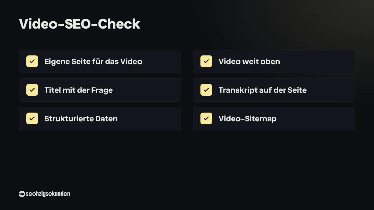 Checkliste „Video-SEO-Check“: Eigene Seite für das Video, Video weit oben, Titel mit der Frage, Transkript auf der Seite, Strukturierte Daten, Video-Sitemap.